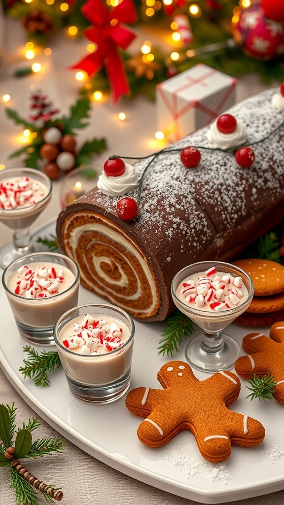 Elegant Christmas desserts including Yule log cake, peppermint mousse, and gingerbread cookies on a festive table.
